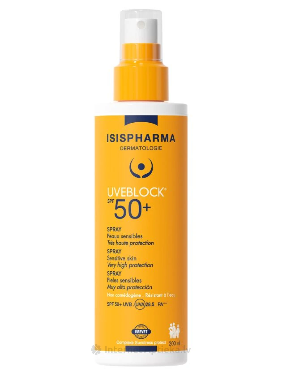 ISISPHARMA UVEBLOCK SPF50+  augstas aizsardzības sprejs sejai un ķermenim, 200 мл | internetaptieka.lv
