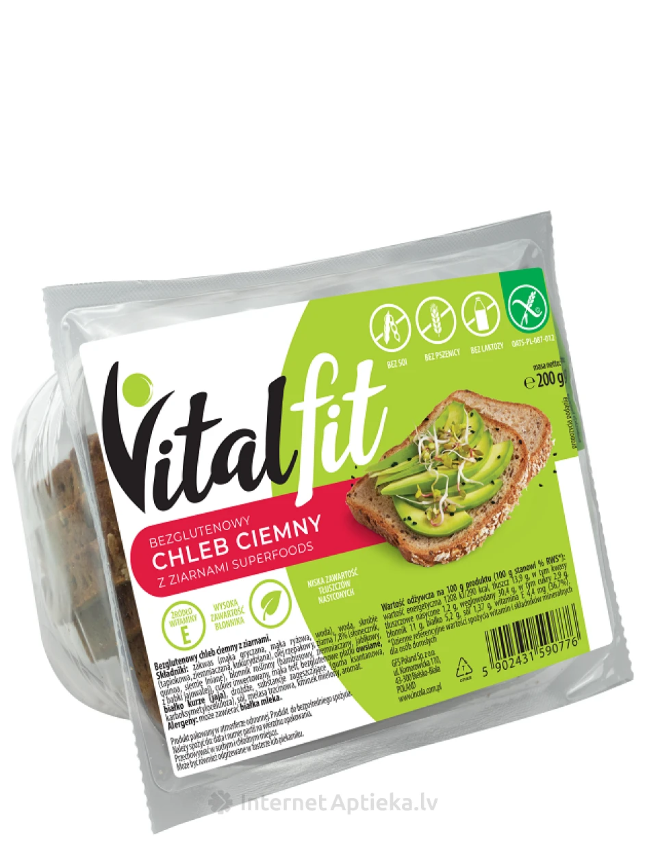 Incola Vitalfit bezglutēna tumšā pilngraudu maize, 200 g | internetaptieka.lv