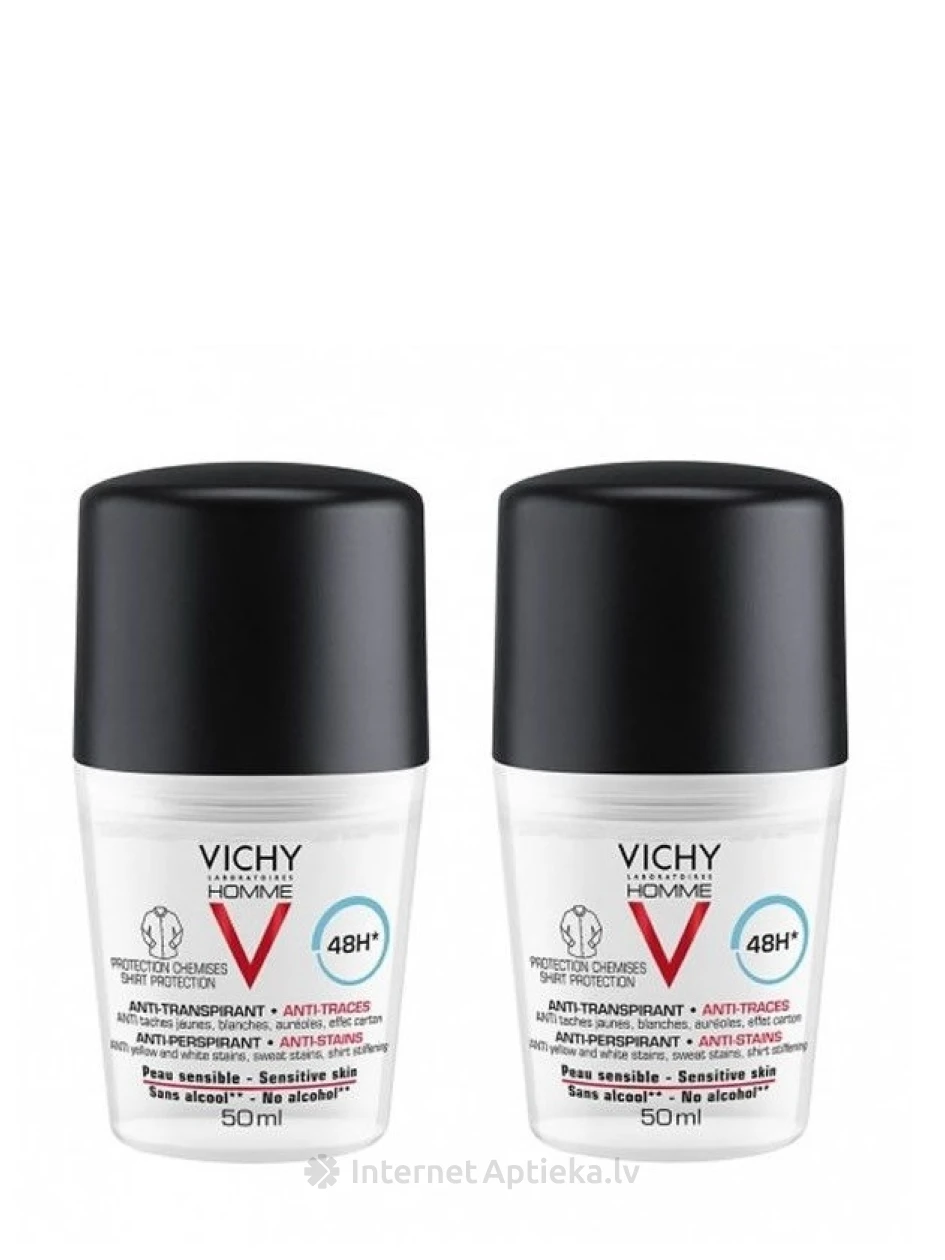 Vichy Anti-Perspirant Anti Traces 72h Дезодорант-антиперспирант шариковый, 2x50 мл | internetaptieka.lv