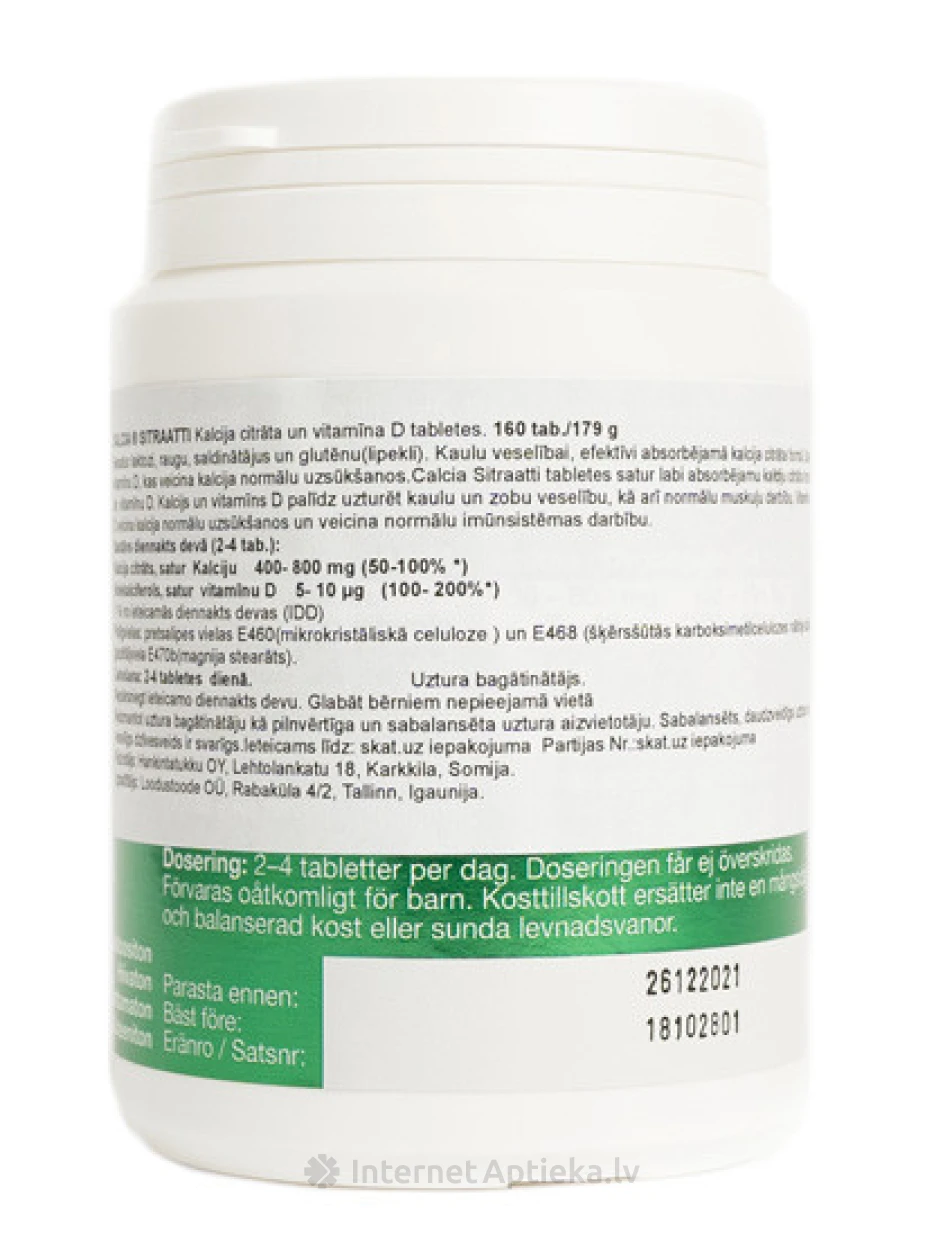 CALCIA Sitraatti kaltsiumtsitraat + vitamiin D3, 160 tabletti | internetaptieka.lv