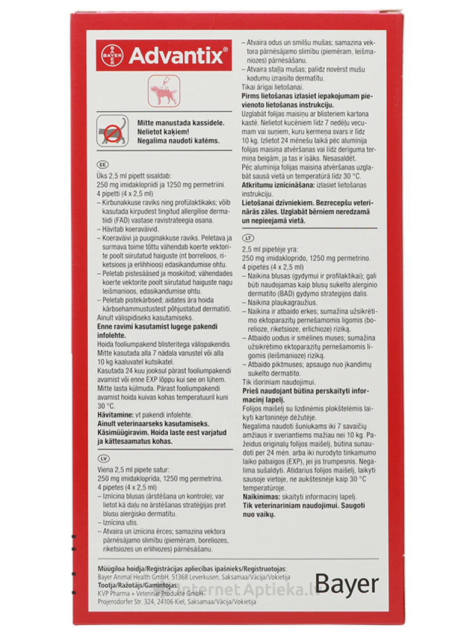 Advantix 250 мг жидкость 2.5 мл для собак 10-25 кг, 4 шт. | internetaptieka.lv