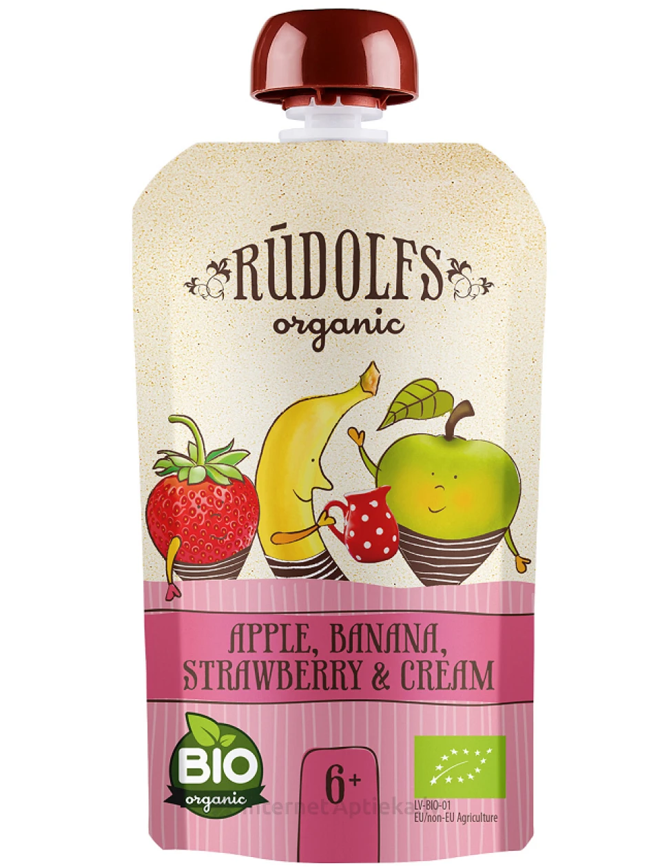 Rudolfs BIO Õunabanaani maasikapüree magusa koorega DP, 110 g | internetaptieka.lv