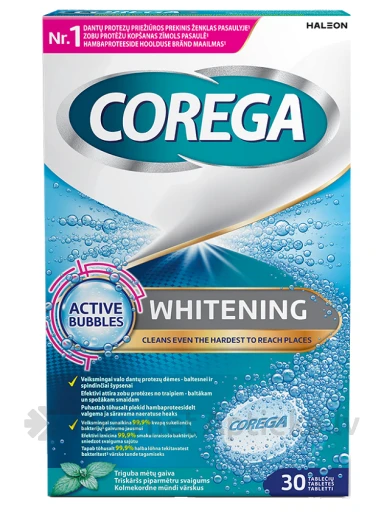 Corega Dental White для очищения зубных протезов, 30 таблеток | internetaptieka.lv