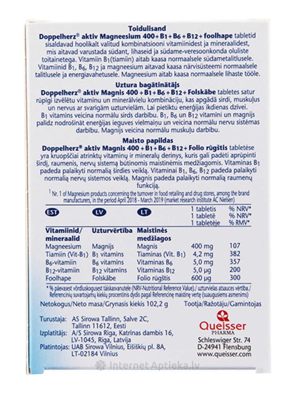 Doppelherz Aktiv Magnijs 400 + Folskābe + B grupas vitamīni, 80 tabletes | internetaptieka.lv