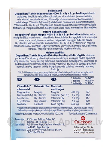 Doppelherz Aktiv Магний 400 + фолиевая кислота + витамины группы B, 80 таблеток | internetaptieka.lv