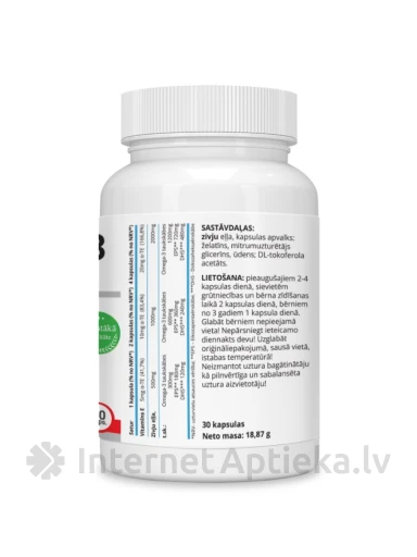 Omega-3 kalaõli 500 mg + E-vitamiin, 30 kapslit | internetaptieka.lv