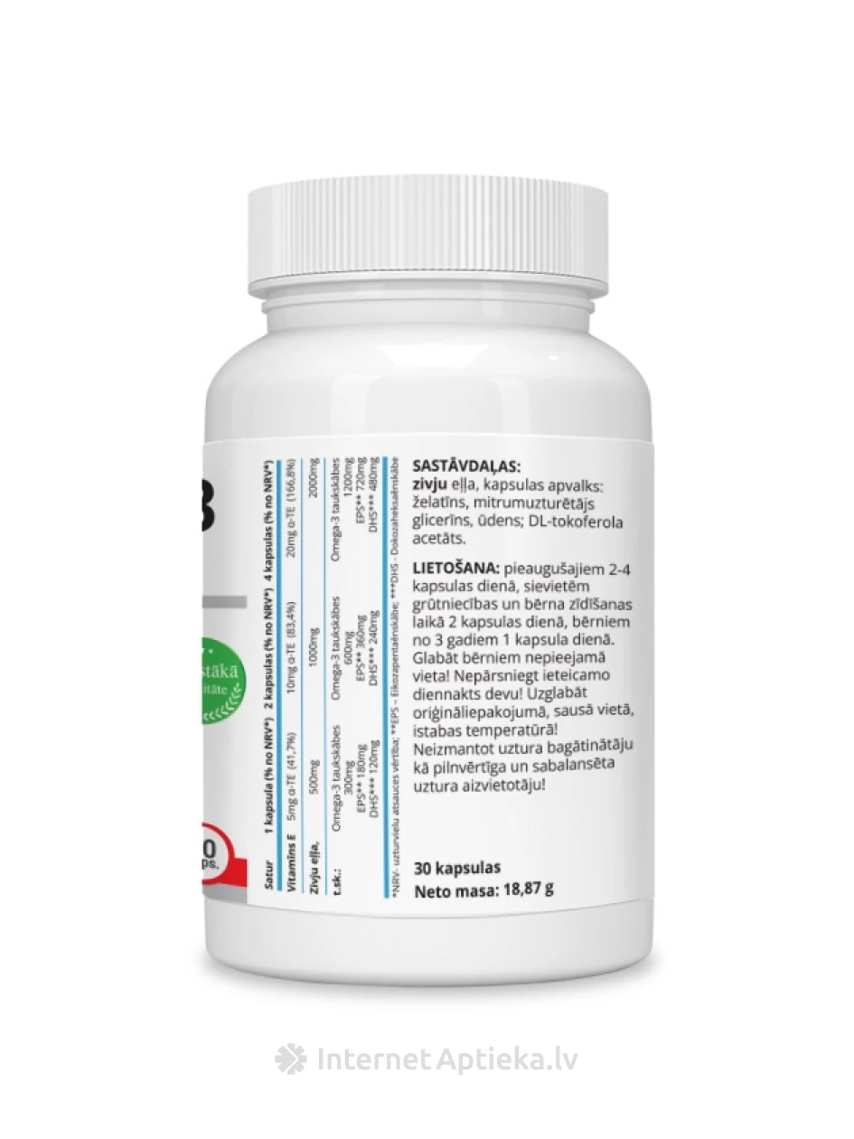 Omega-3 kalaõli 500 mg + E-vitamiin, 30 kapslit | internetaptieka.lv