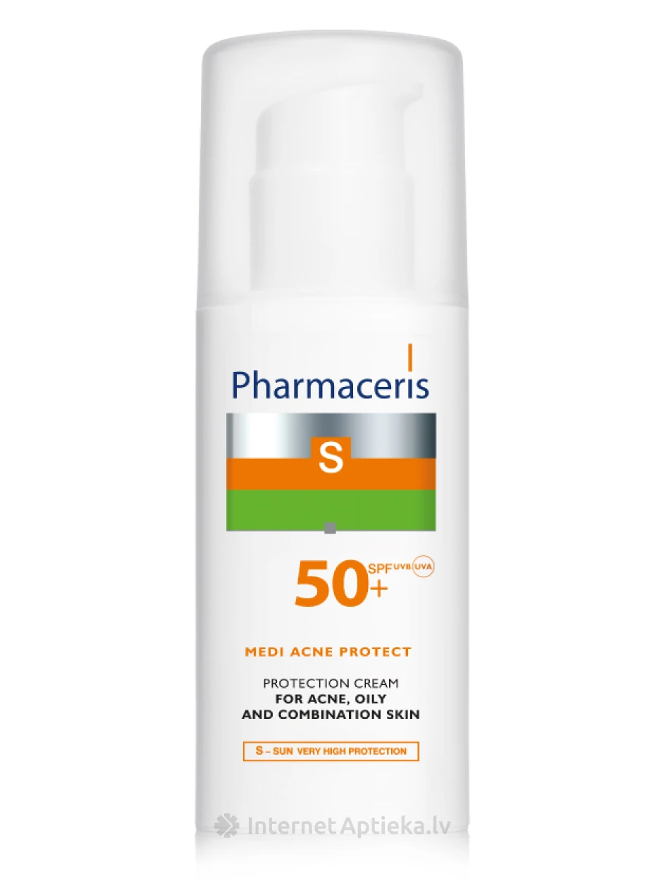 Защитный крем для кожи с акне, кожи смешанного типа или жирной кожи Pharmaceris S SPF50+, 50 мл | internetaptieka.lv