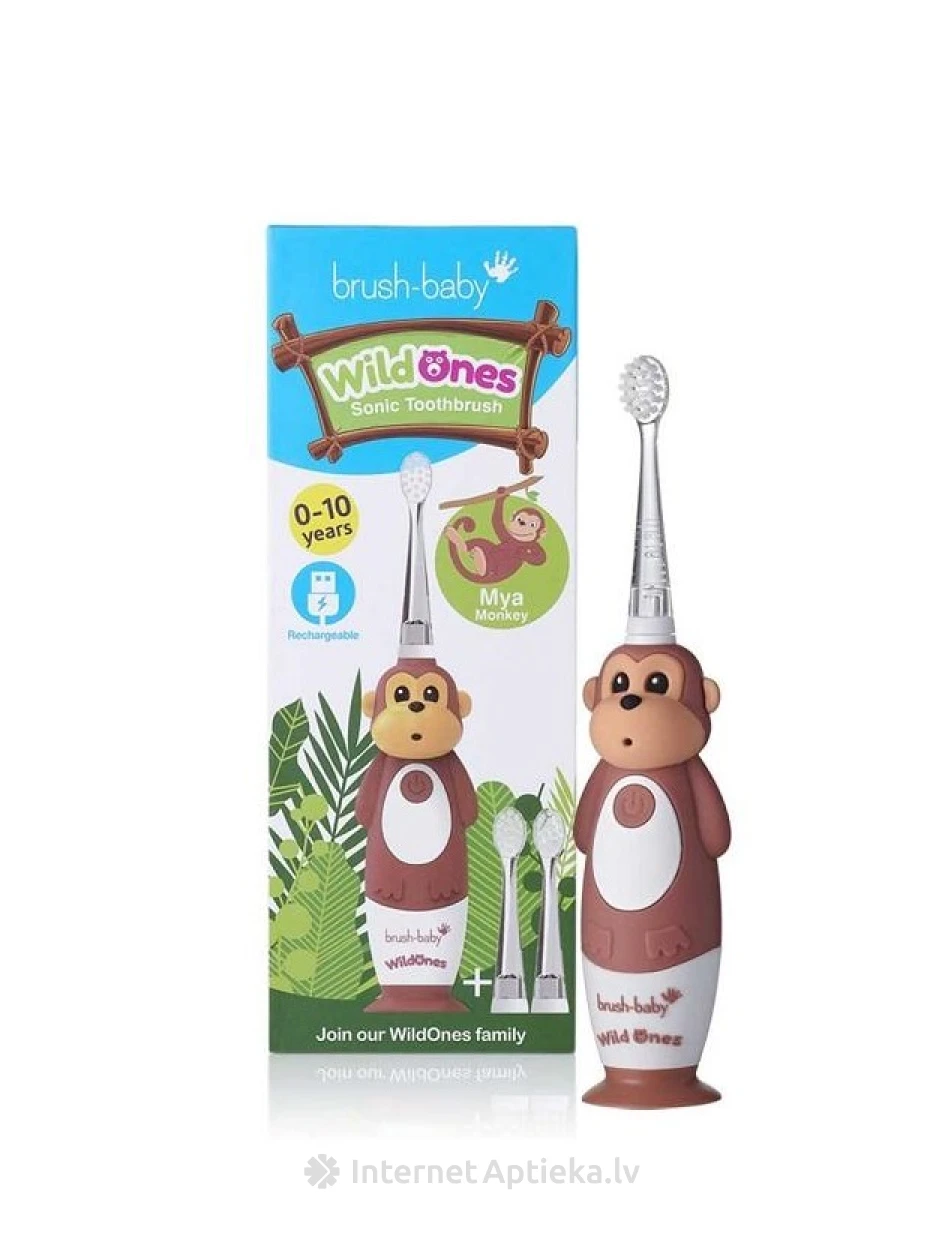 Brush-baby WildOnes Moneky uzlādējama soniskā zobu birste 0-10 gadiem, 1 gb. | internetaptieka.lv