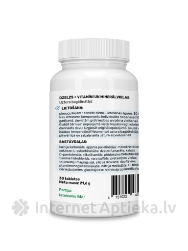 Raud + vitamiinid ja mineraalained tabletti, 30 tk. | internetaptieka.lv