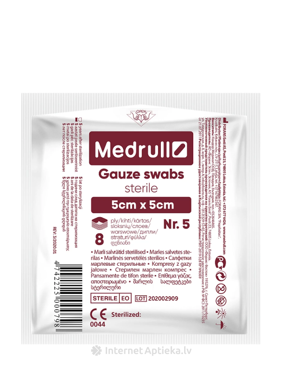 Medrulli marli salvrätikud steriilsed 5,5 cm x 5 cm, 5 tk. | internetaptieka.lv
