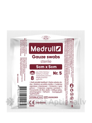 Medrulli marli salvrätikud steriilsed 5,5 cm x 5 cm, 5 tk. | internetaptieka.lv