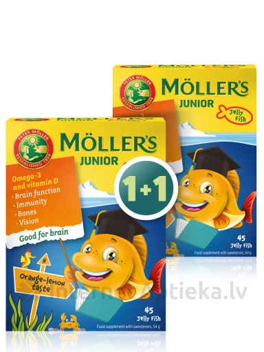 Möller′s Omega-3 Junior рыбий жир с апельсиново-лимонным вкусом 1+1, 45*2 пастилок | internetaptieka.lv