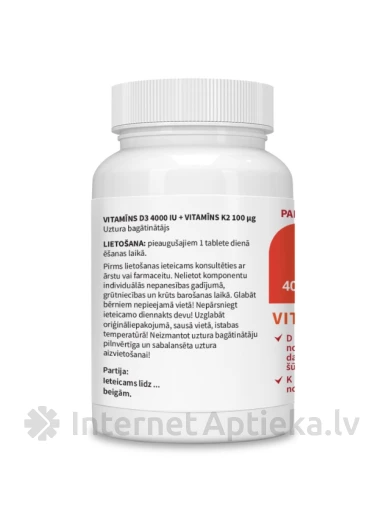 D3-vitamiin 4000 RÜ + K2-vitamiin 100 µg, 60 tabletti | internetaptieka.lv