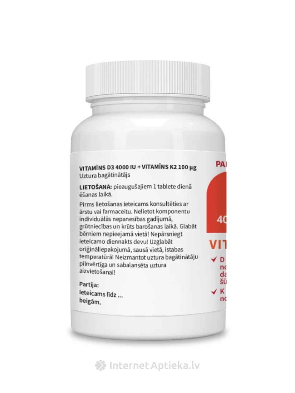 D3-vitamiin 4000 RÜ + K2-vitamiin 100 µg, 60 tabletti | internetaptieka.lv