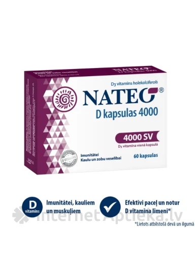 NATEO D 4000 SV D vitamīns kapsulās, 60 gab | internetaptieka.lv