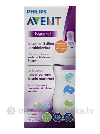 Philips Avent бутылочка Natural Whale 1M+, 260 мл | internetaptieka.lv