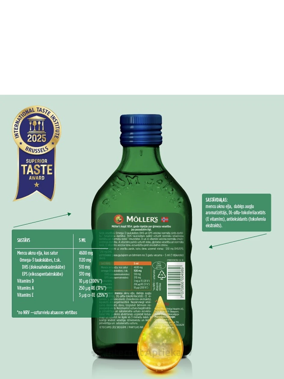 Möller′s Omega-3 zivju eļļa ar augļu garšu, 250 ml | internetaptieka.lv