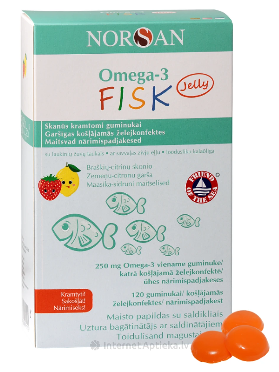 NORSAN OMEGA-3 FISK JELLY ar zemeņu un citronu garšu, 120 želejkonfektes | internetaptieka.lv