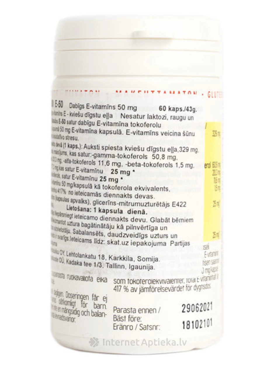 Vitatabs E-50 натуральный витамин Е, 50 мг, 60 капсул | internetaptieka.lv