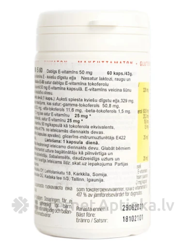 Vitatabs looduslikud E-vitamiini (50 mg) kapslid, 60 kapslit | internetaptieka.lv