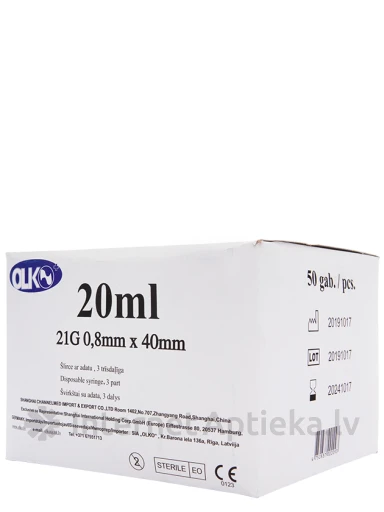 Olko Шприц 20 мл, 21 г, из 3-х частей, с иглой 0.8 х 40 мм, 50 шт. | internetaptieka.lv