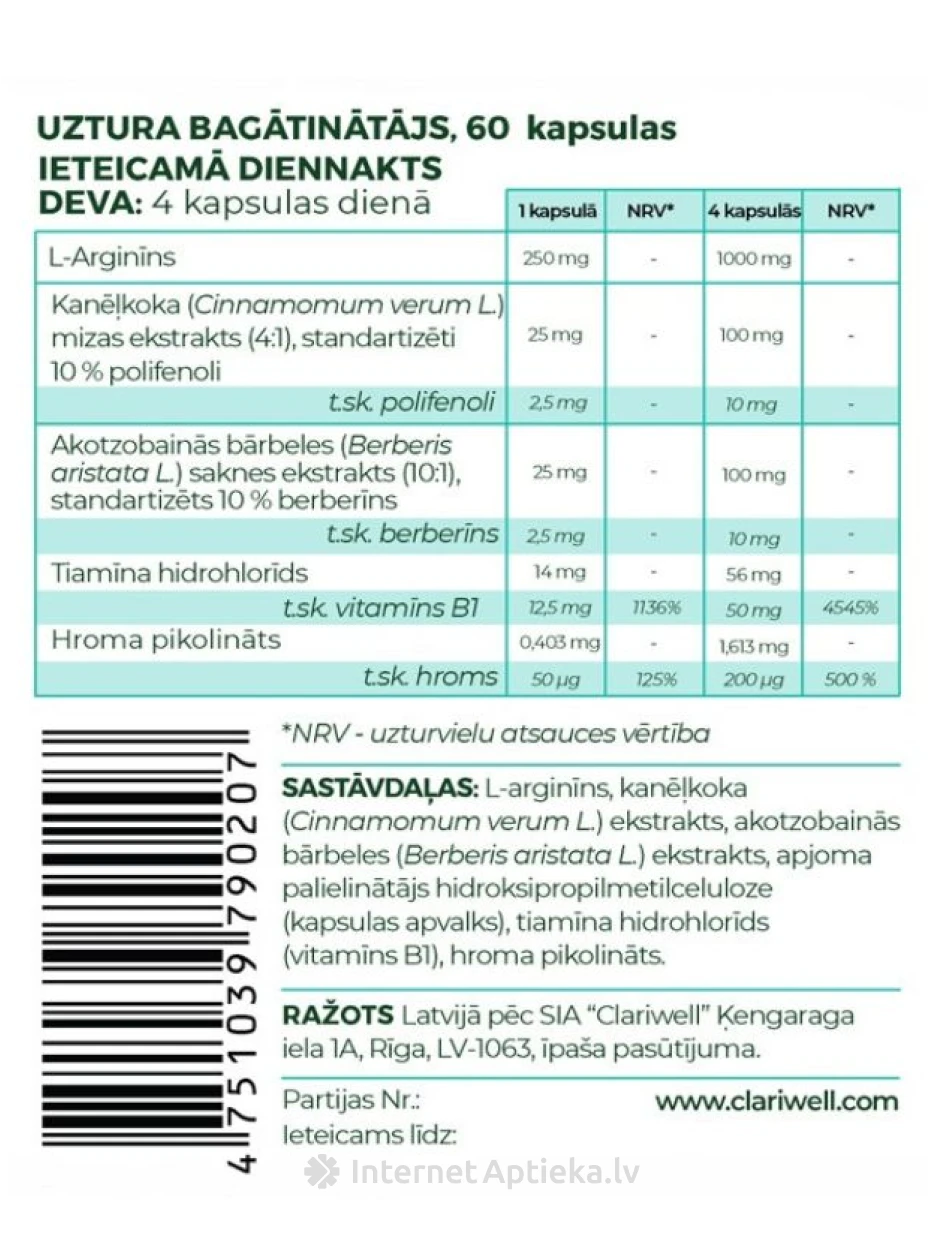 CLARIWELL® METABOKLER normālam cukura līmenim, 60 kapsulas | internetaptieka.lv