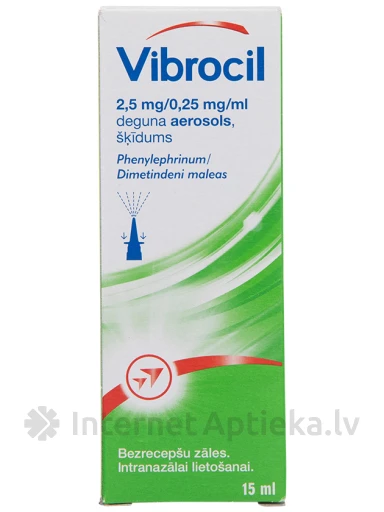 VIBROCIL 2,5 mg/0,25 mg/ml ninasprei, 15 ml | internetaptieka.lv