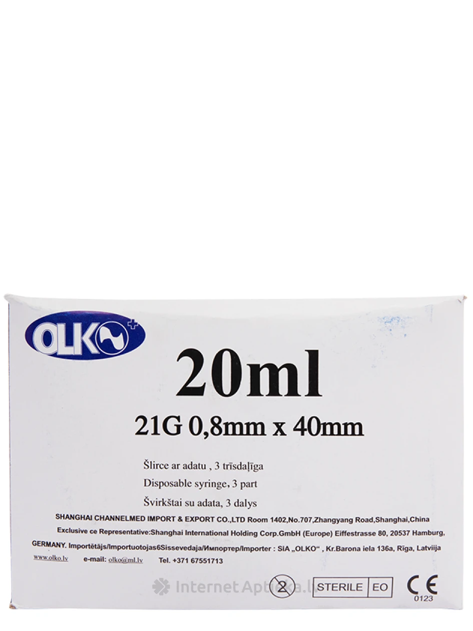 Olko Шприц 20 мл, 21 г, из 3-х частей, с иглой 0.8 х 40 мм, 50 шт. | internetaptieka.lv