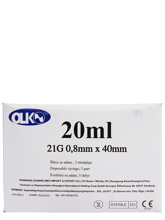 OLKO šļirce 20 ml ar adatu 21G 0,8 x 40 mm, 3-daļīga, 50 gab.