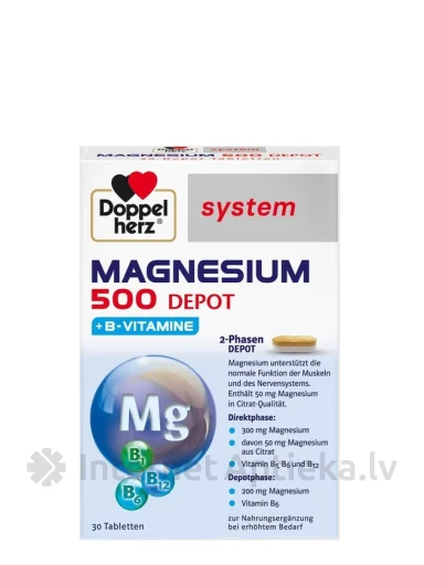 Doppelherz System Magnesium 500 Depot+Vit.B, 30 tabletes | internetaptieka.lv