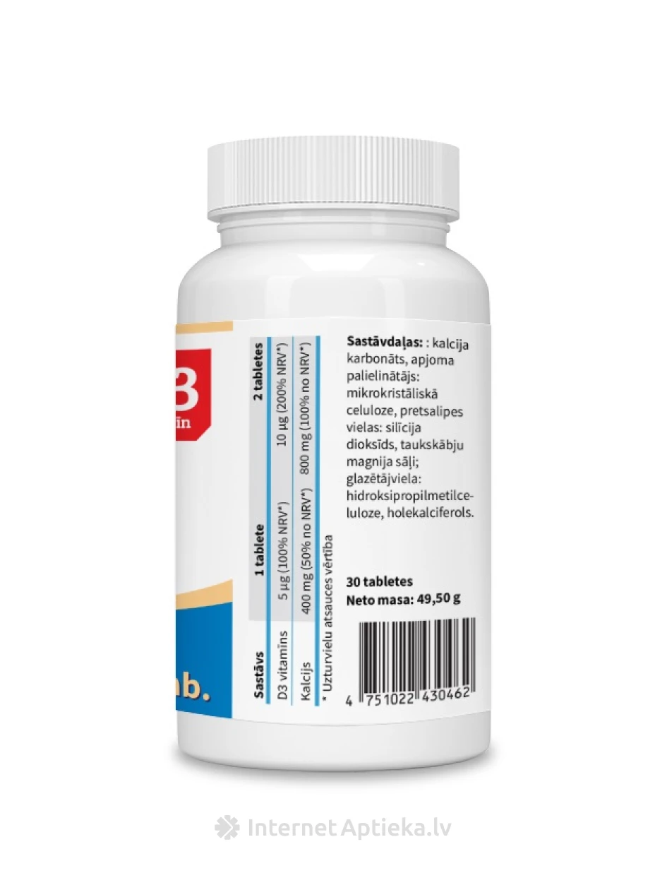 Kalcijs 400 mg + D3 5 μg. tabletes, 30 gb. | internetaptieka.lv
