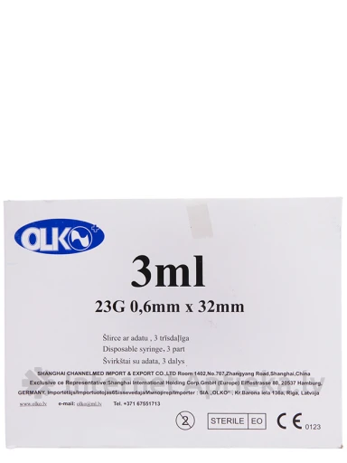 Olko Šļirce 3 ml, 23 G,  3-daļīga, ar adatu 0.6 x 32 mm, 100 gb. | internetaptieka.lv