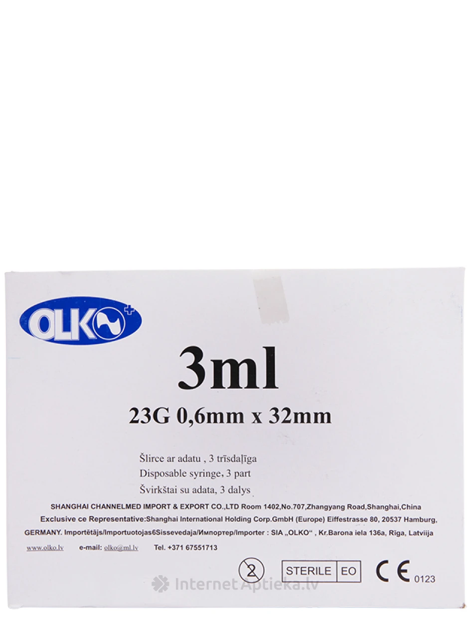 Olko Šļirce 3 ml, 23 G,  3-daļīga, ar adatu 0.6 x 32 mm, 100 gb. | internetaptieka.lv