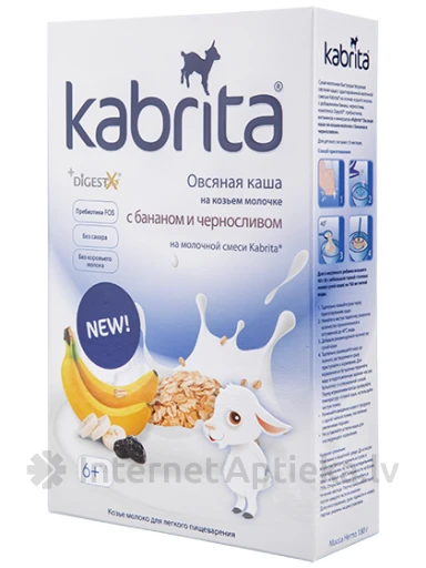Kabrita kaerahelbepuder kitsepiima baasil banaanide ja ploomidega lastele alates 6. elukuust, 180 g | internetaptieka.lv