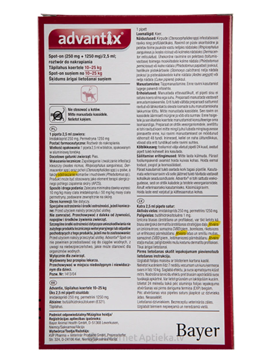 Advantixi lahus kirpude ja puukide vastu koertele 10-25 kg, 1 tk. | internetaptieka.lv