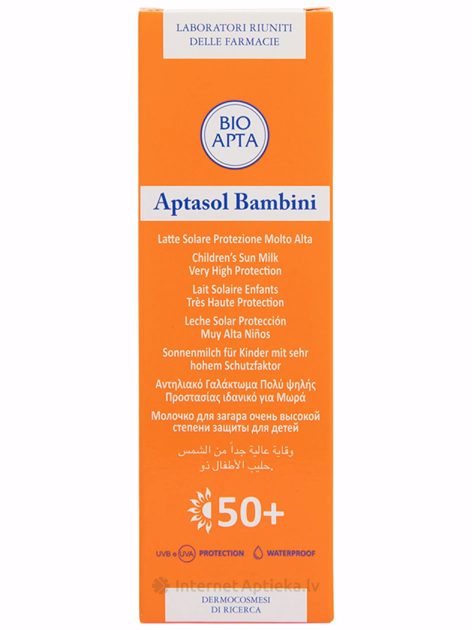СОЛНЦЕЗАЩИТНОЕ МОЛОЧКО ДЛЯ ДЕТЕЙ BIOAPTA APTASOL BAMBINI 50+, 125 мл | internetaptieka.lv