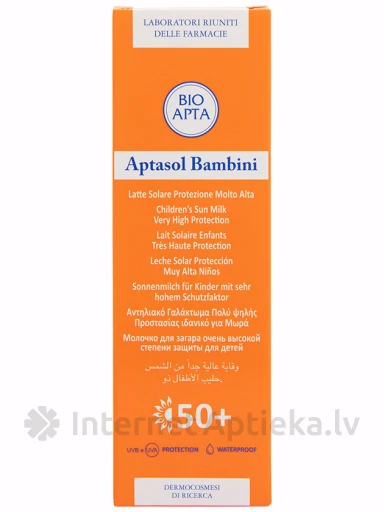СОЛНЦЕЗАЩИТНОЕ МОЛОЧКО ДЛЯ ДЕТЕЙ BIOAPTA APTASOL BAMBINI 50+, 125 мл | internetaptieka.lv