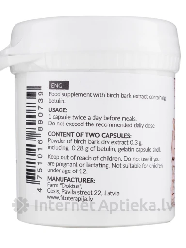 Betuliin 250mg kase kuivekstrakt, 60 kapslit | internetaptieka.lv