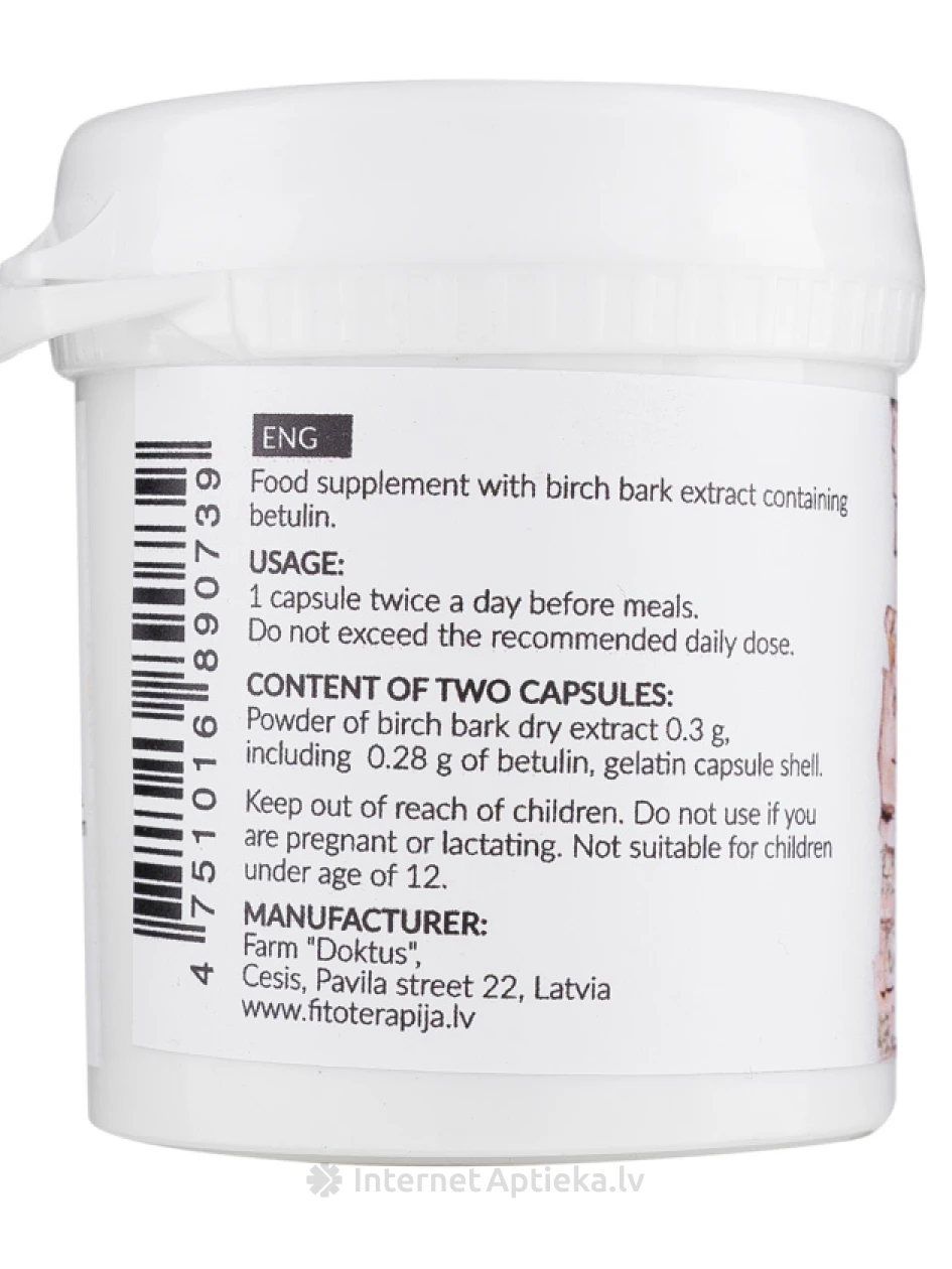 Betuliin 250mg kase kuivekstrakt, 60 kapslit | internetaptieka.lv