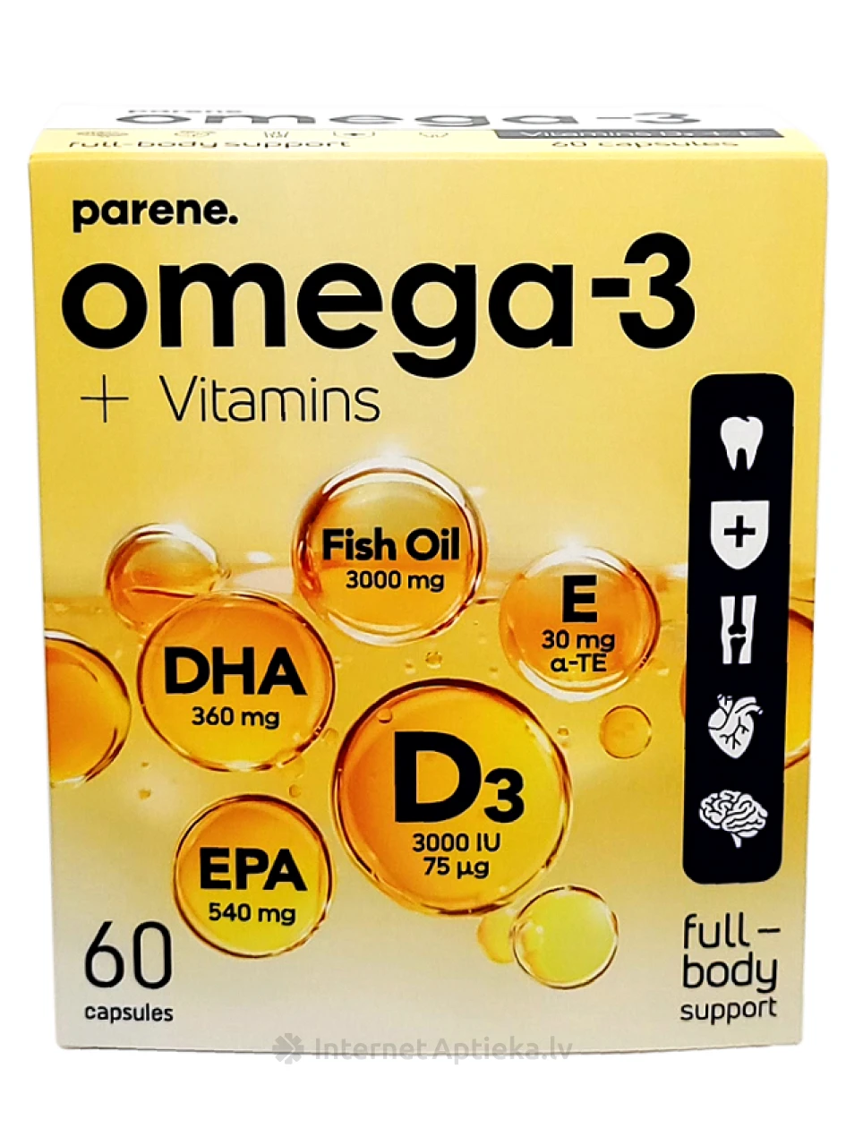 Omega-3 + vitamīni D3+E Parene, 60 kapsulas | internetaptieka.lv