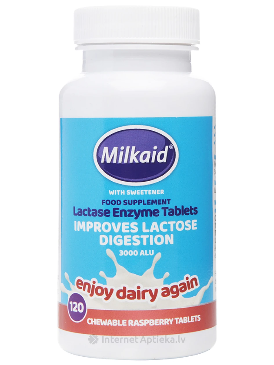 Milkaid Фермент лактазы со вкусом малины, 120 жевательных таблеток | internetaptieka.lv
