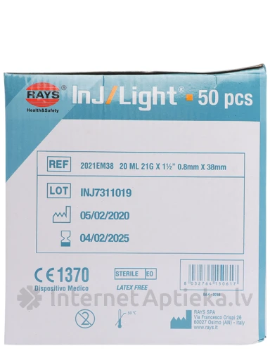Rays Šļirce 20 ml, 21 g, ar adatu 0.8 x 38 mm, 50 gb. | internetaptieka.lv