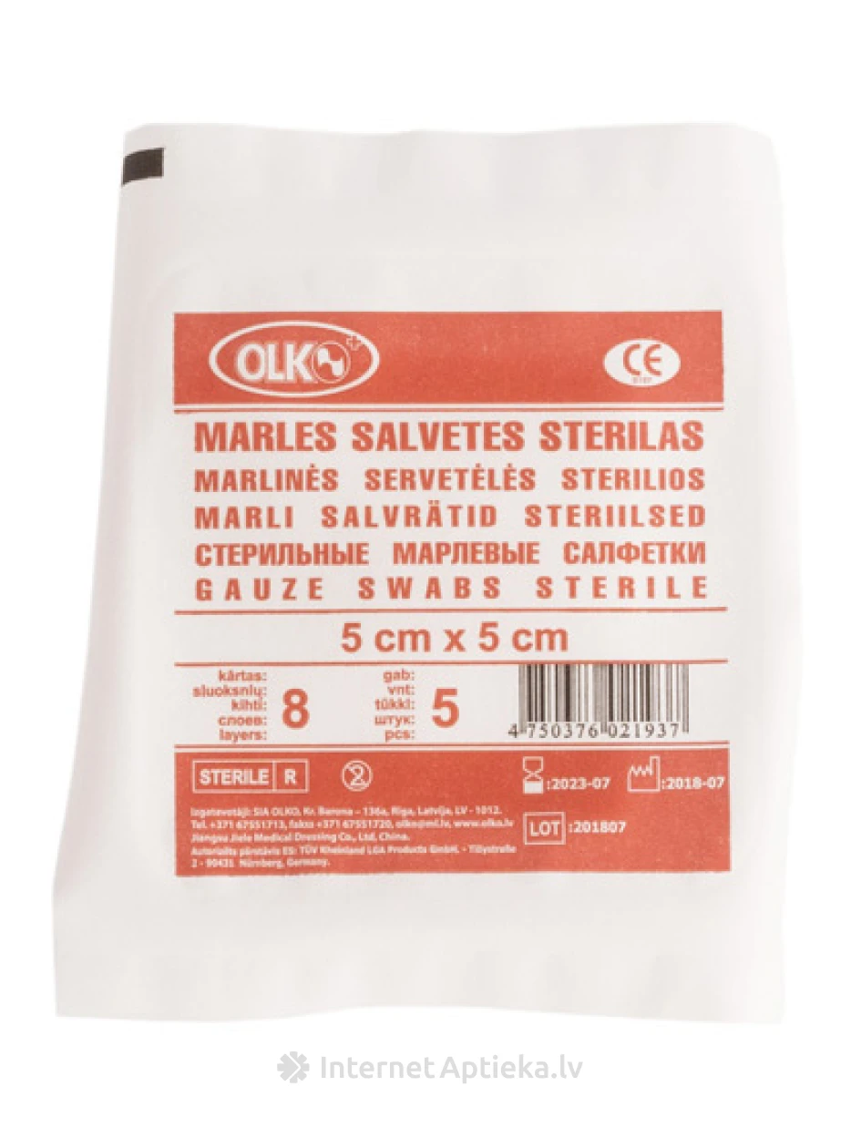 Olko steriilsed marli salvrätikud 5 cm x 5 cm, 5 tk. | internetaptieka.lv