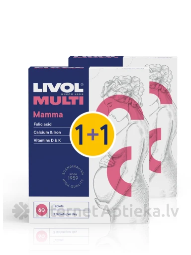 LIVOL MULTI Mamma - для беременных женщин, комплект, 60 таблеток 1 + 1 комплект | internetaptieka.lv