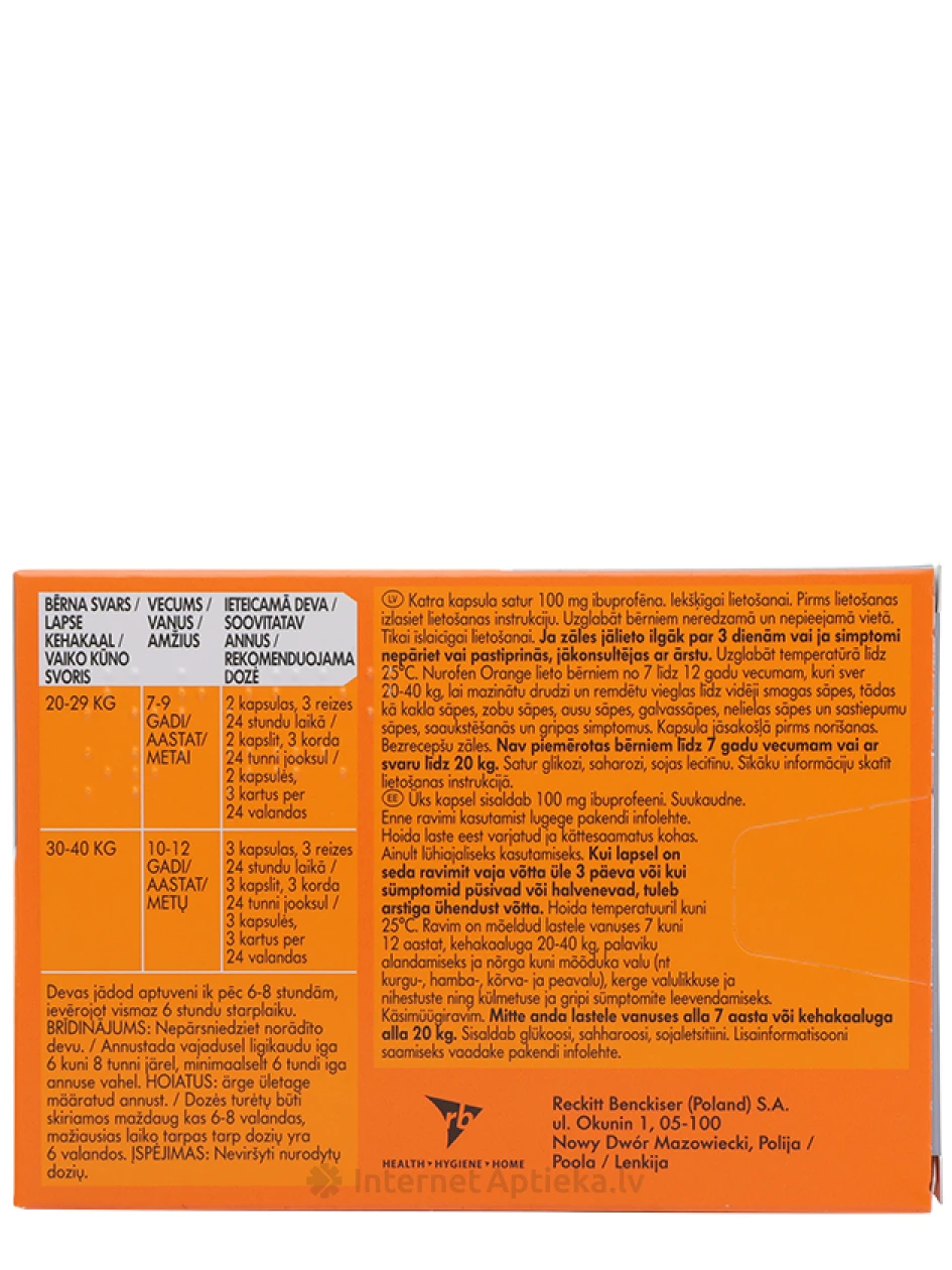 Nurofen Orange для детей 100 мг, с апельсиновым вкусом, 12 жевательных капсул | internetaptieka.lv