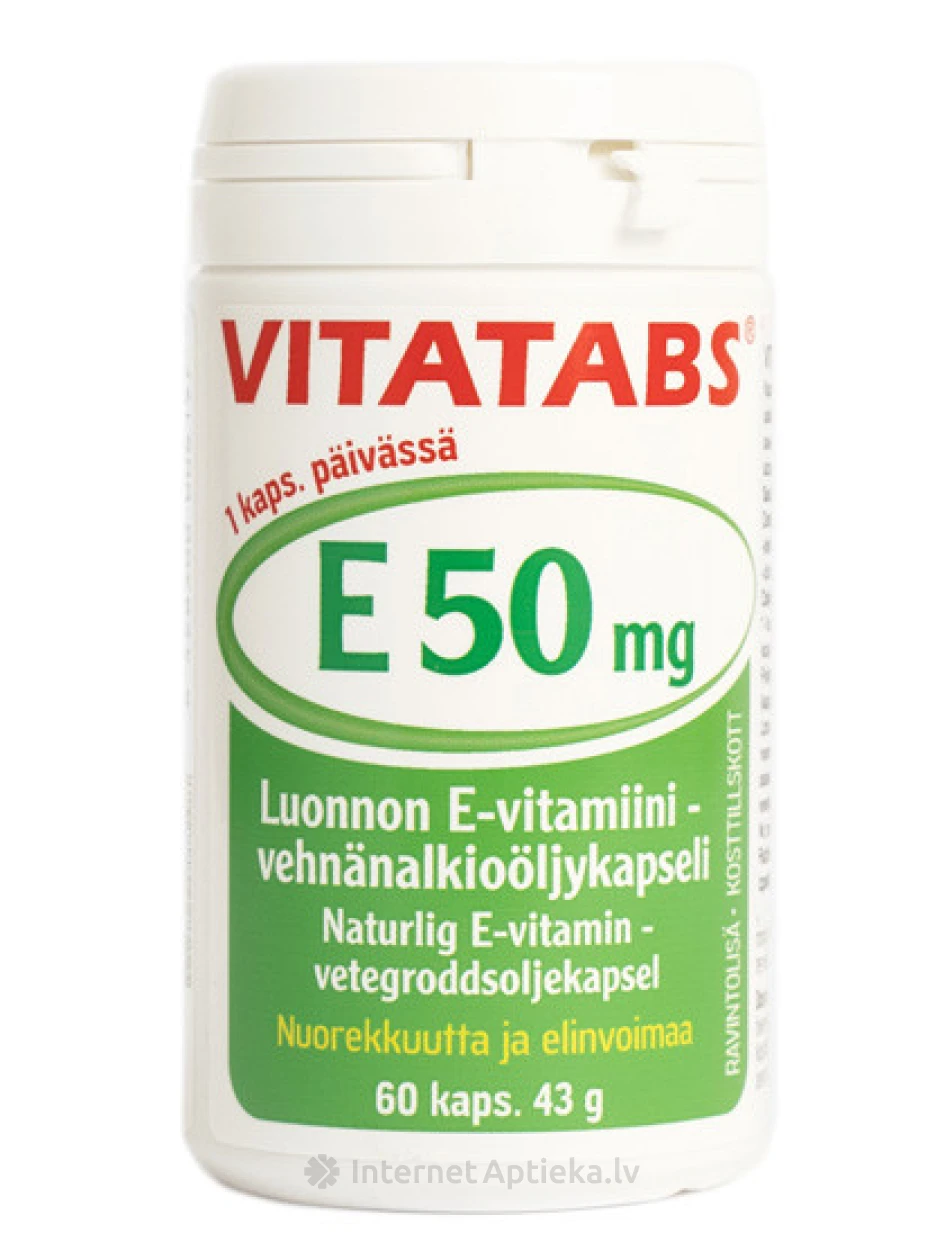 Vitatabs E-50 натуральный витамин Е, 50 мг, 60 капсул | internetaptieka.lv