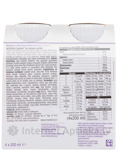 Nutricia Cubitan ar zemeņu garšu, 4 x 200 ml | internetaptieka.lv