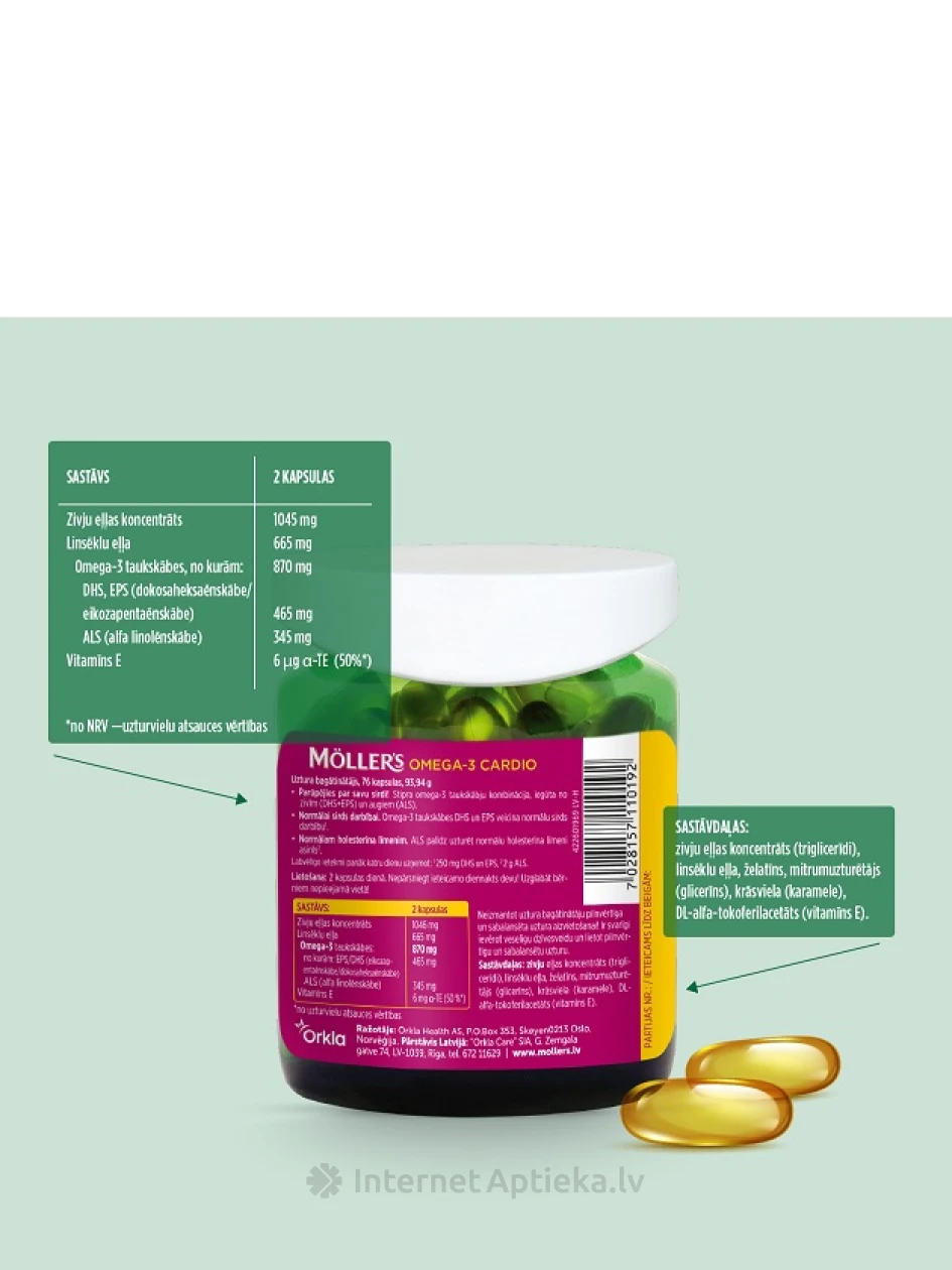 Möller′s Omega-3 Cardio рыбий жир N76, 76 капсул | internetaptieka.lv