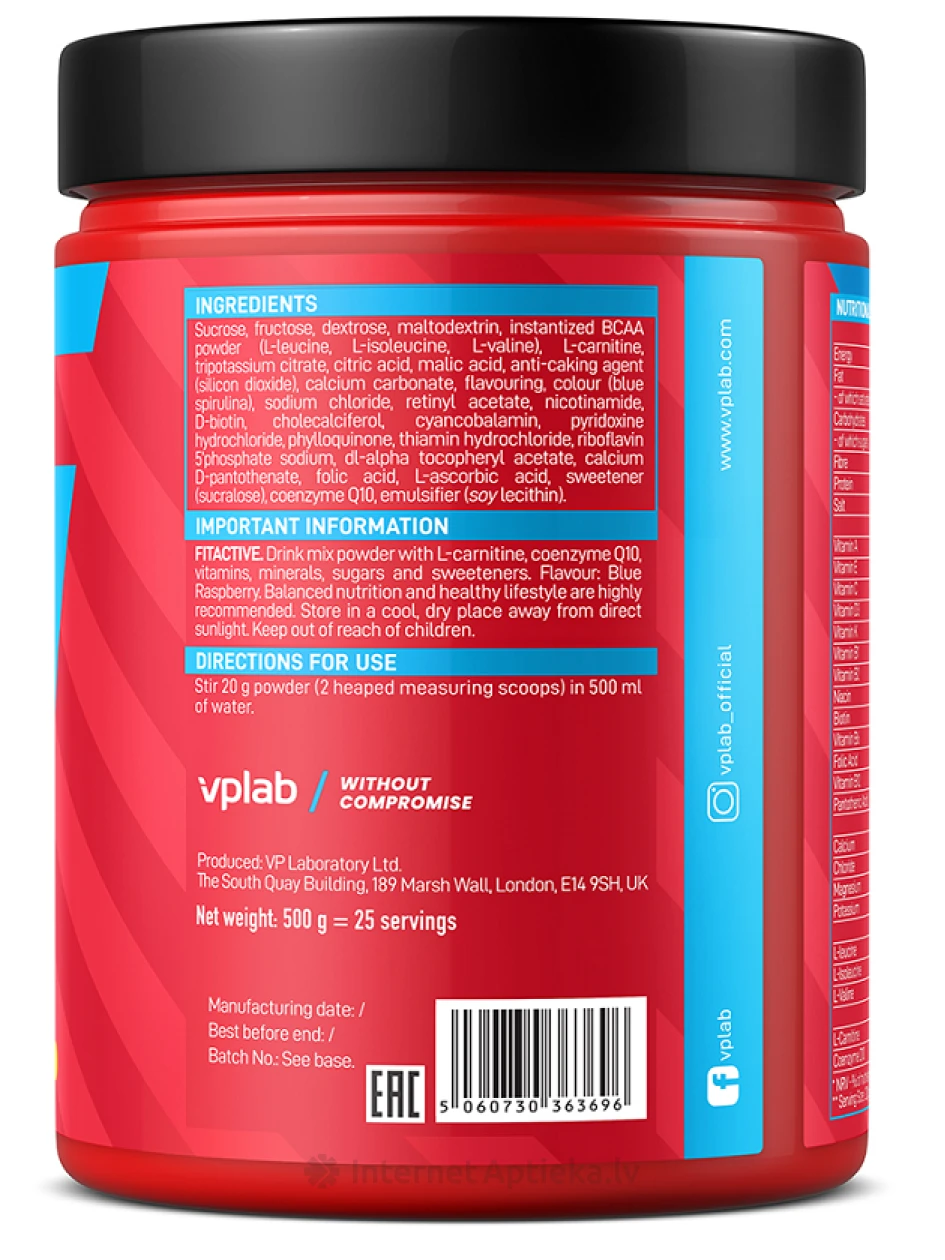 Vplab FitActive Blue Raspberry Pulveris, 500 g | internetaptieka.lv